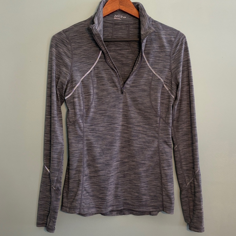 Zella Size Medium Gray Heather Quarter Zip Pullover Sweater with Thumbholes